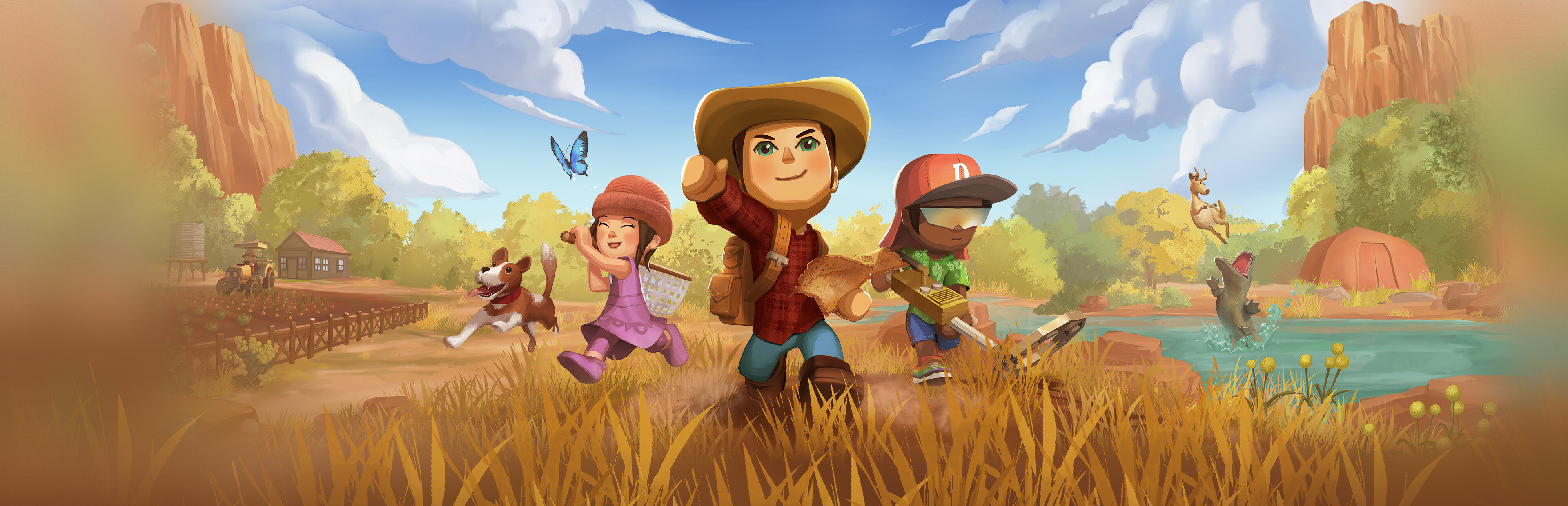 Official Dinkum key art showing players exploring an Australian-inspired island